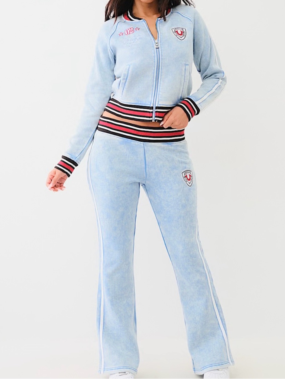 True Religion Light Blue Velour Flare Track Pants with Striped Waist